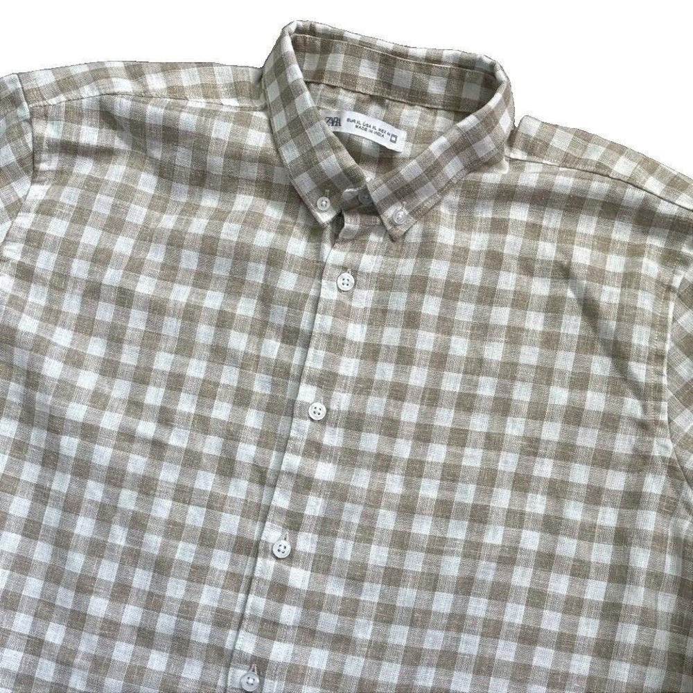 Zara Relax Fit 100% Linen Check Gingham Button Down Shirt Men XL Beige Tan Plaid